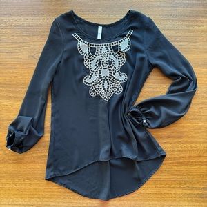 ⚡️ 5/$10 Xhilaration Black Blouse with Gold Embroidery Small